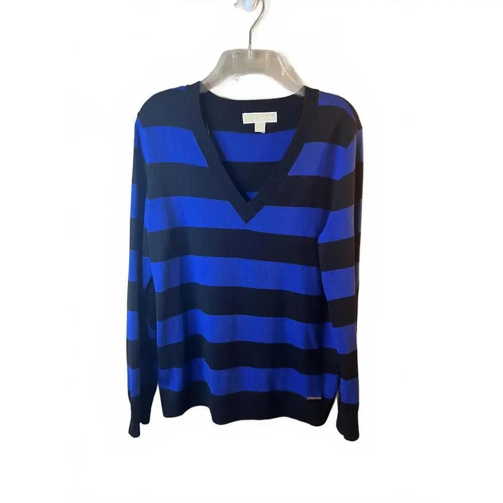 Michael Kors Women's Striped V-Neck Sweater Sequin Elbow Patches Size Small